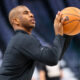 Apr 5, 2024; Dallas, Texas, USA; Golden State Warriors guard Chris Paul (3) warms up before the game against the Dallas Mavericks at American Airlines Center. Mandatory Credit: Kevin Jairaj-USA TODAY Sports
