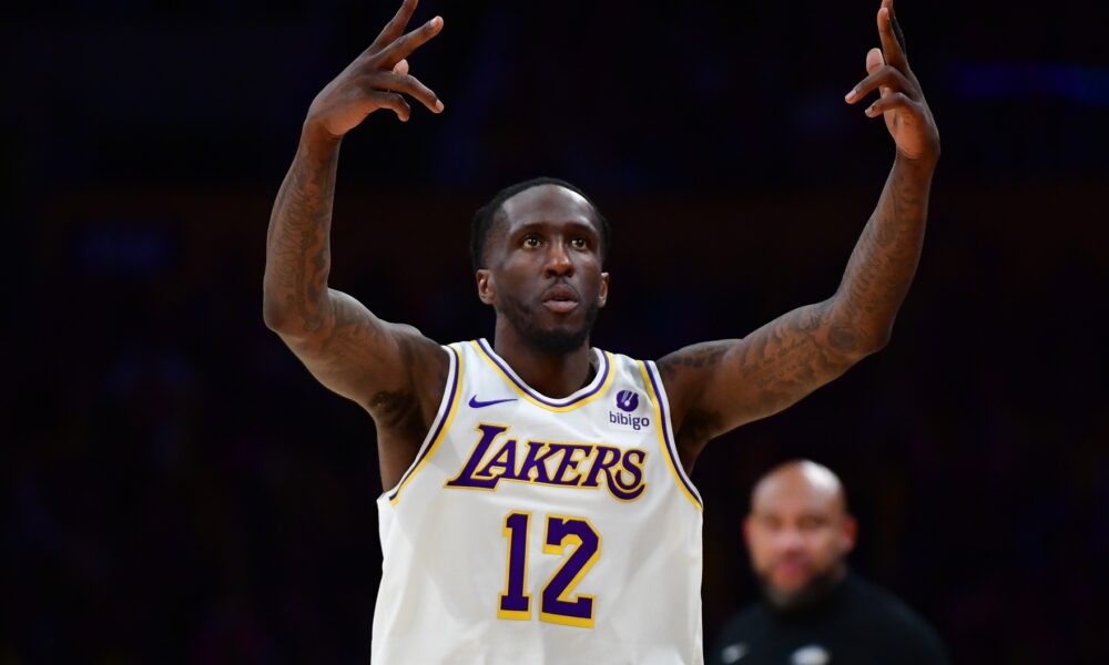 Apr 6, 2024; Los Angeles, California, USA; Los Angeles Lakers forward Taurean Prince (12) reacts after scoring three point basket against the Cleveland Cavaliers during the second half at Crypto.com Arena. Mandatory Credit: Gary A. Vasquez-USA TODAY Sports