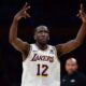 Apr 6, 2024; Los Angeles, California, USA; Los Angeles Lakers forward Taurean Prince (12) reacts after scoring three point basket against the Cleveland Cavaliers during the second half at Crypto.com Arena. Mandatory Credit: Gary A. Vasquez-USA TODAY Sports