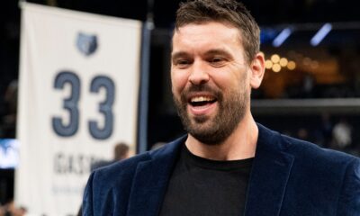 Former Grizzlies player Marc Gasol speaks with fans after his jersey retirement ceremony at FedExForum in Memphis, Tenn., on Saturday, April 6, 2024.