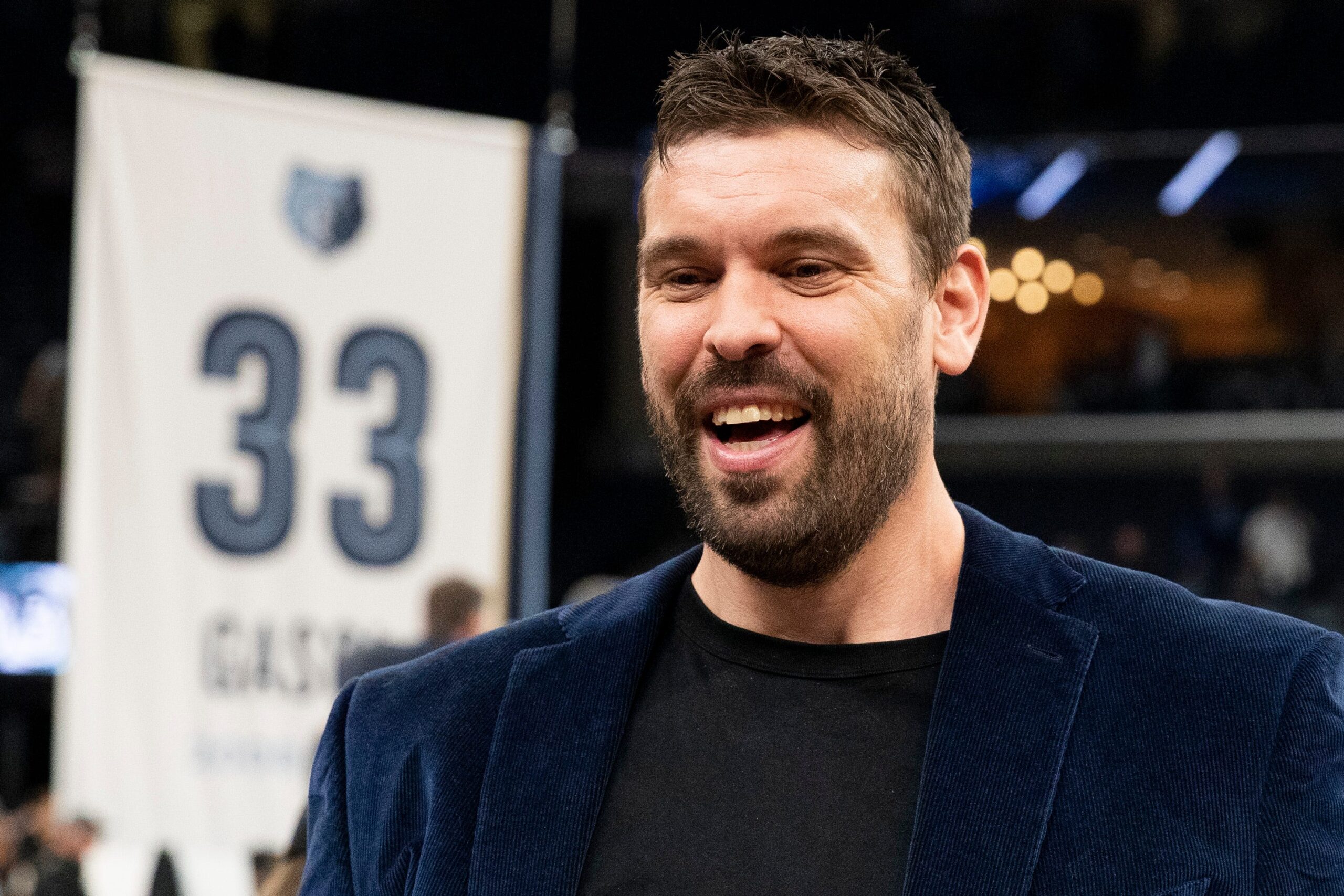 Former Grizzlies player Marc Gasol speaks with fans after his jersey retirement ceremony at FedExForum in Memphis, Tenn., on Saturday, April 6, 2024.