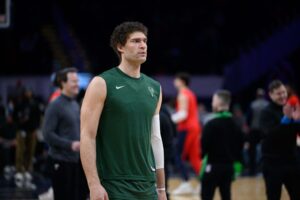 Apr 2, 2024; Washington, District of Columbia, USA; Milwaukee Bucks center Brook Lopez (11) warms up before the game between the Washington Wizards and the Milwaukee Bucks at Capital One Arena. Mandatory Credit: Reggie Hildred-USA TODAY Sports
