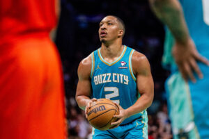 Apr 7, 2024; Charlotte, North Carolina, USA; Charlotte Hornets forward Grant Williams (2) shoots free throws against the Oklahoma City Thunder at Spectrum Center. Mandatory Credit: Scott Kinser-USA TODAY Sports