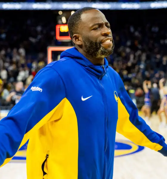 Apr 7, 2024; San Francisco, California, USA; Golden State Warriors forward Draymond Green (23) celebrates after beating the Utah Jazz at Chase Center. Mandatory Credit: Bob Kupbens-USA TODAY Sports