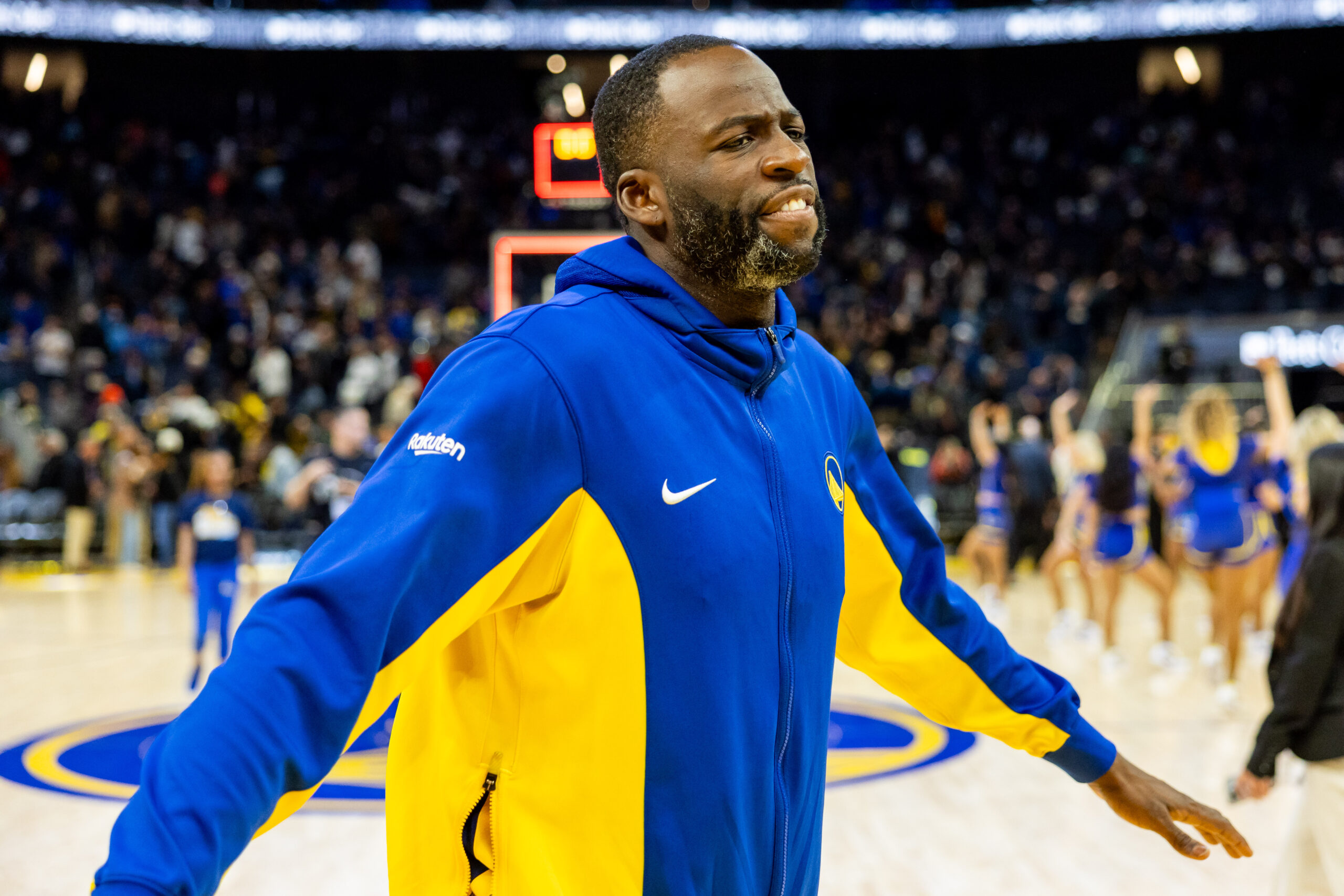 Apr 7, 2024; San Francisco, California, USA; Golden State Warriors forward Draymond Green (23) celebrates after beating the Utah Jazz at Chase Center. Mandatory Credit: Bob Kupbens-USA TODAY Sports