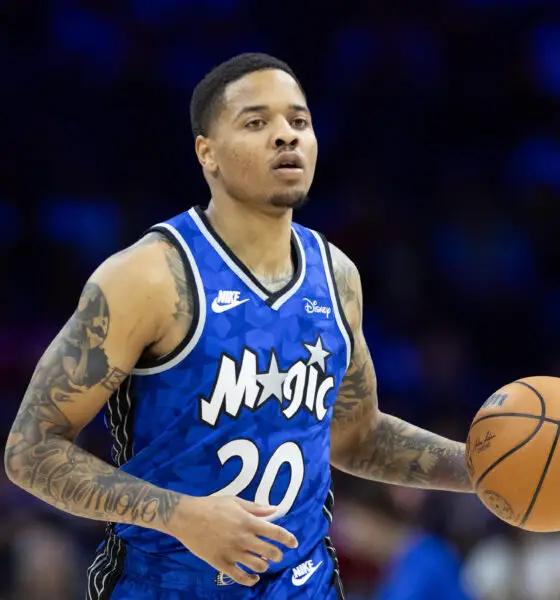 Apr 12, 2024; Philadelphia, Pennsylvania, USA; Orlando Magic guard Markelle Fultz (20) dribbles the ball against the Philadelphia 76ers during the second quarter at Wells Fargo Center. Mandatory Credit: Bill Streicher-USA TODAY Sports