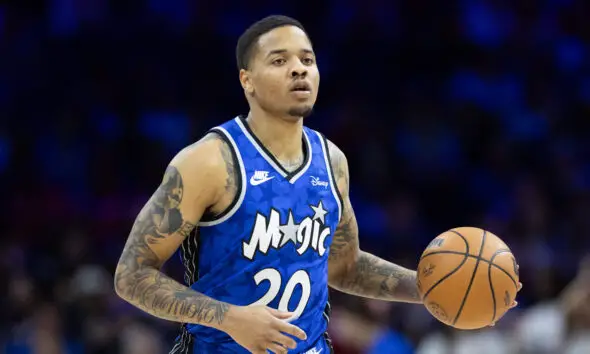 Apr 12, 2024; Philadelphia, Pennsylvania, USA; Orlando Magic guard Markelle Fultz (20) dribbles the ball against the Philadelphia 76ers during the second quarter at Wells Fargo Center. Mandatory Credit: Bill Streicher-USA TODAY Sports