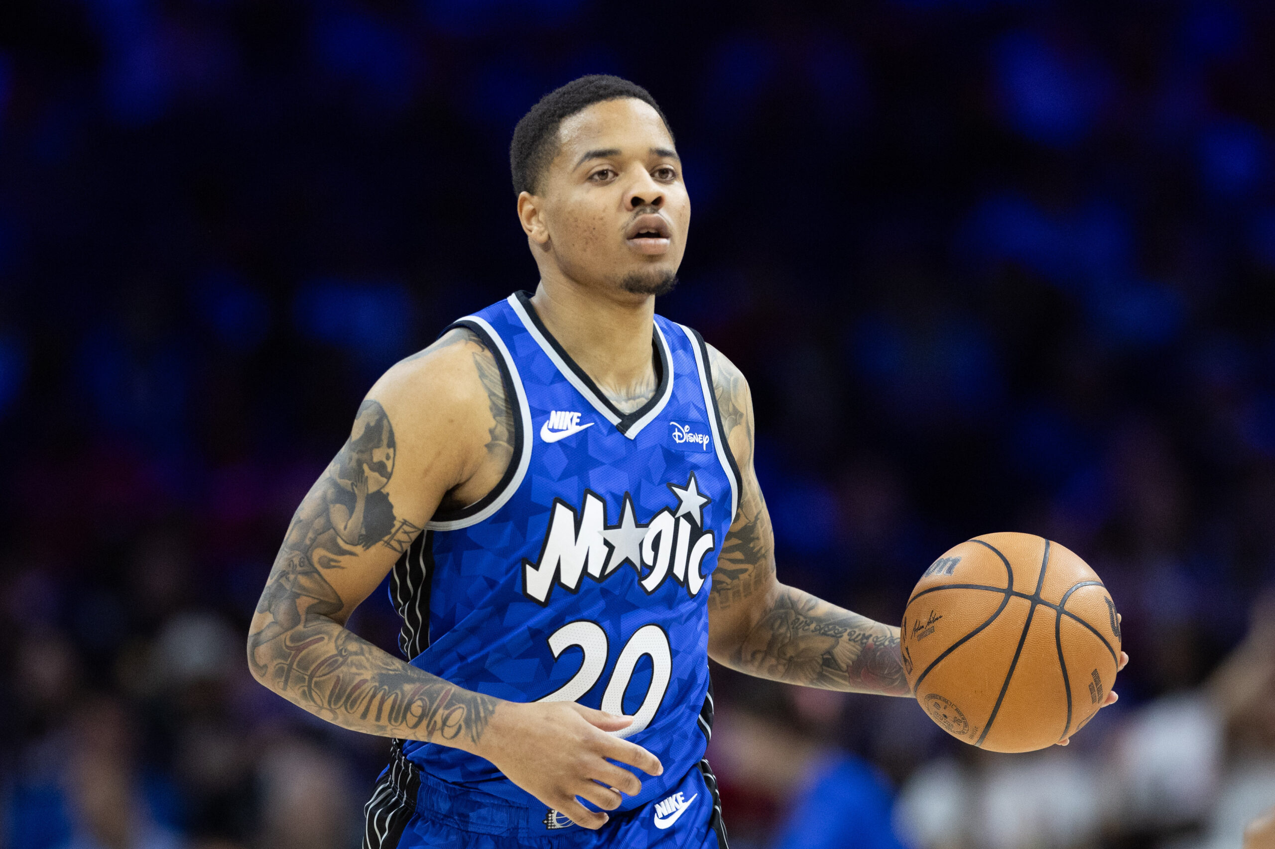 Apr 12, 2024; Philadelphia, Pennsylvania, USA; Orlando Magic guard Markelle Fultz (20) dribbles the ball against the Philadelphia 76ers during the second quarter at Wells Fargo Center. Mandatory Credit: Bill Streicher-USA TODAY Sports