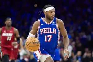 Apr 17, 2024; Philadelphia, Pennsylvania, USA; Philadelphia 76ers guard Buddy Hield (17) dribbles the ball against the Miami Heat during the third quarter of a play-in game of the 2024 NBA playoffs at Wells Fargo Center. Mandatory Credit: Bill Streicher-USA TODAY Sports