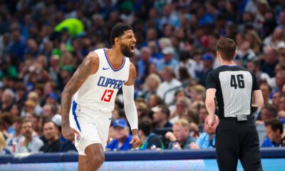Apr 28, 2024; Dallas, Texas, USA; LA Clippers forward Paul George (13) reacts after scoring during the first quarter against the Dallas Mavericks during game four of the first round for the 2024 NBA playoffs at American Airlines Center. Mandatory Credit: Kevin Jairaj-USA TODAY Sports