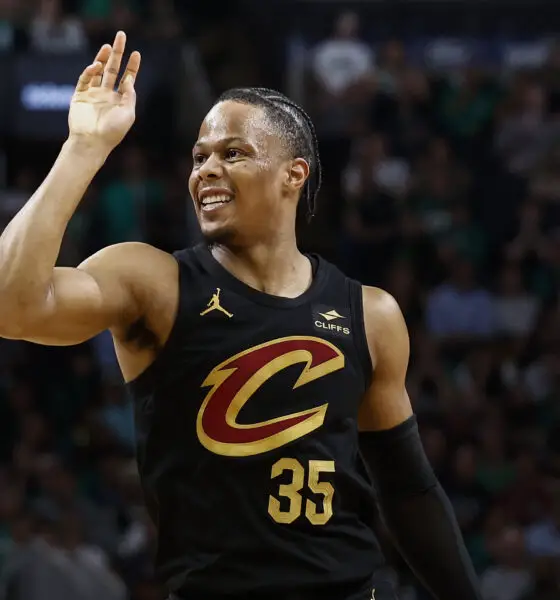 May 7, 2024; Boston, Massachusetts, USA; Cleveland Cavaliers forward Isaac Okoro (35) grimaces after missing a shot against the Boston Celtics during the second quarter of game one of the second round of the 2024 NBA playoffs at TD Garden. Mandatory Credit: Winslow Townson-USA TODAY Sports