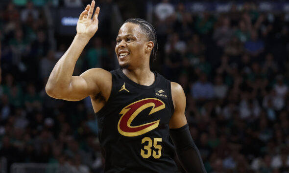 May 7, 2024; Boston, Massachusetts, USA; Cleveland Cavaliers forward Isaac Okoro (35) grimaces after missing a shot against the Boston Celtics during the second quarter of game one of the second round of the 2024 NBA playoffs at TD Garden. Mandatory Credit: Winslow Townson-USA TODAY Sports