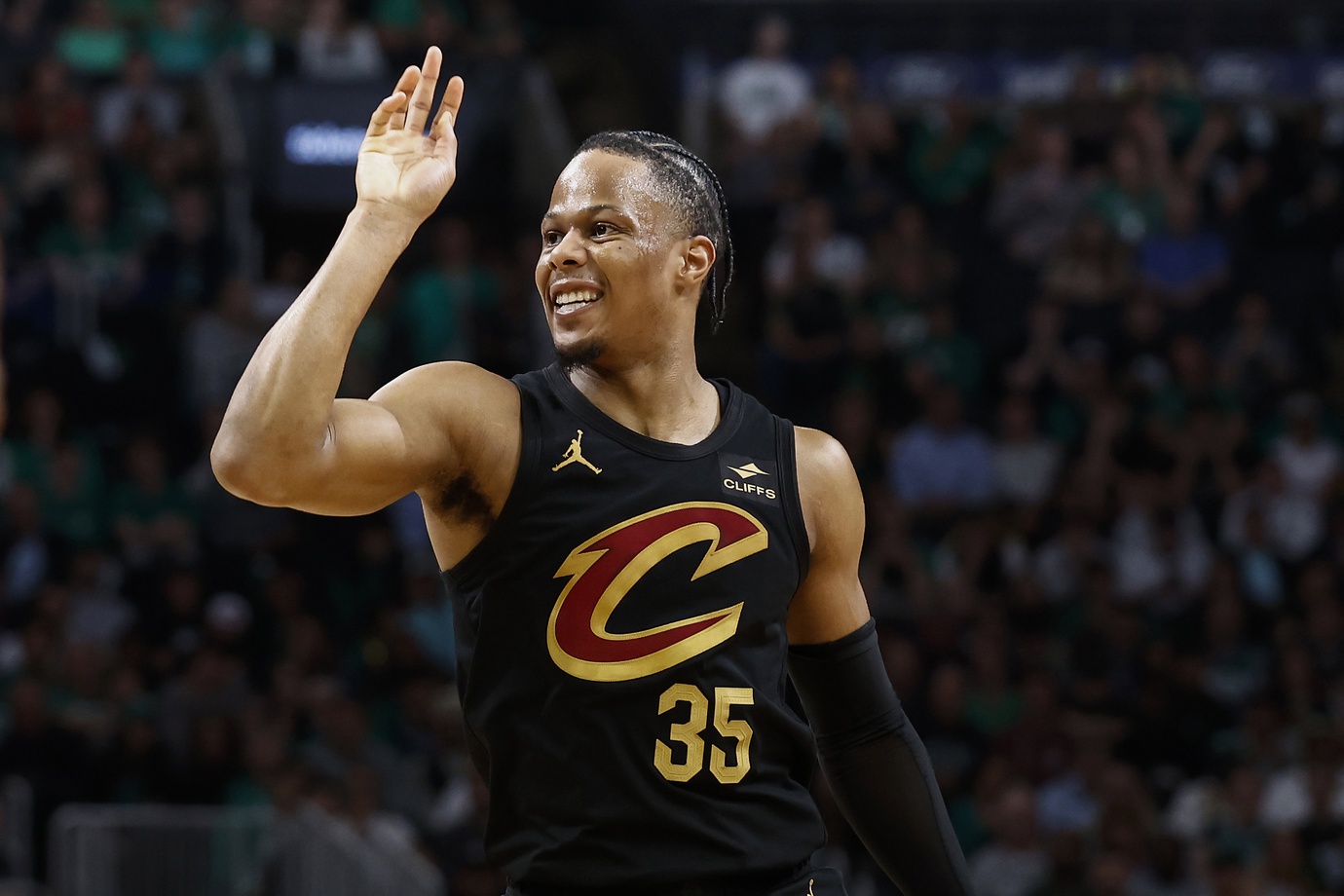 May 7, 2024; Boston, Massachusetts, USA; Cleveland Cavaliers forward Isaac Okoro (35) grimaces after missing a shot against the Boston Celtics during the second quarter of game one of the second round of the 2024 NBA playoffs at TD Garden. Mandatory Credit: Winslow Townson-USA TODAY Sports