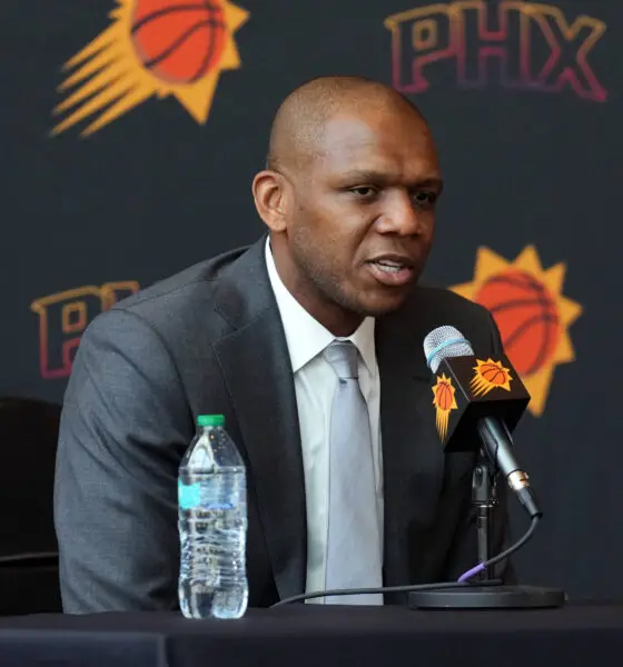 May 17, 2024; Phoenix, AZ, USA; Phoenix Suns General Manager James Jones speaks during a press conference to announce Mike Budenholzer as head coach. Mandatory Credit: Joe Camporeale-USA TODAY Sports