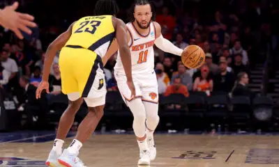 May 19, 2024; New York, New York, USA; New York Knicks guard Jalen Brunson (11) brings the ball up court against Indiana Pacers forward Aaron Nesmith (23) during the third quarter of game seven of the second round of the 2024 NBA playoffs at Madison Square Garden. Mandatory Credit: Brad Penner-USA TODAY Sports