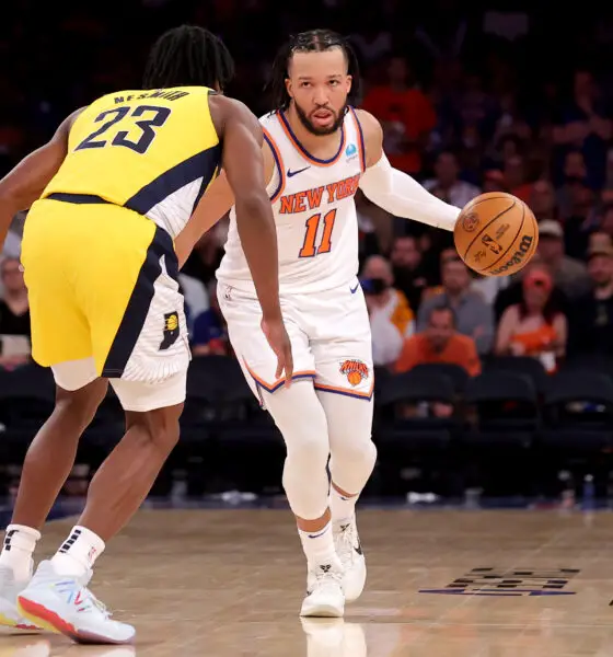 May 19, 2024; New York, New York, USA; New York Knicks guard Jalen Brunson (11) brings the ball up court against Indiana Pacers forward Aaron Nesmith (23) during the third quarter of game seven of the second round of the 2024 NBA playoffs at Madison Square Garden. Mandatory Credit: Brad Penner-USA TODAY Sports