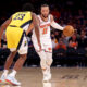 May 19, 2024; New York, New York, USA; New York Knicks guard Jalen Brunson (11) brings the ball up court against Indiana Pacers forward Aaron Nesmith (23) during the third quarter of game seven of the second round of the 2024 NBA playoffs at Madison Square Garden. Mandatory Credit: Brad Penner-USA TODAY Sports