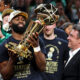 Jun 17, 2024; Boston, Massachusetts, USA; Boston Celtics guard Jaylen Brown (7) celebrates with the Larry O’Brien Trophy after beating the Dallas Mavericks in game five of the 2024 NBA Finals to win the NBA Championship at TD Garden. Mandatory Credit: Peter Casey-USA TODAY Sports