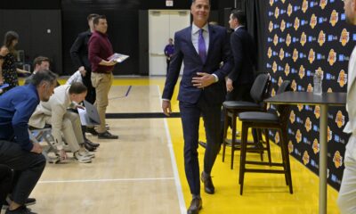 Jun 24, 2024; El Segundo, CA, USA; Los Angeles Lakers general manager Rob Pelinka walks off following the introductory news conference for head coach JJ Redick at the UCLA Health Training Center. Mandatory Credit: Jayne Kamin-Oncea-USA TODAY Sports