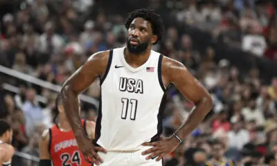 Jul 10, 2024; Las Vegas, Nevada, USA; USA forward Joel Embiid (11) looks on during the third quarter against Canada in the USA Basketball Showcase at T-Mobile Arena. Mandatory Credit: Candice Ward-USA TODAY Sports