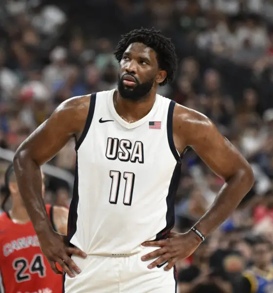 Jul 10, 2024; Las Vegas, Nevada, USA; USA forward Joel Embiid (11) looks on during the third quarter against Canada in the USA Basketball Showcase at T-Mobile Arena. Mandatory Credit: Candice Ward-USA TODAY Sports