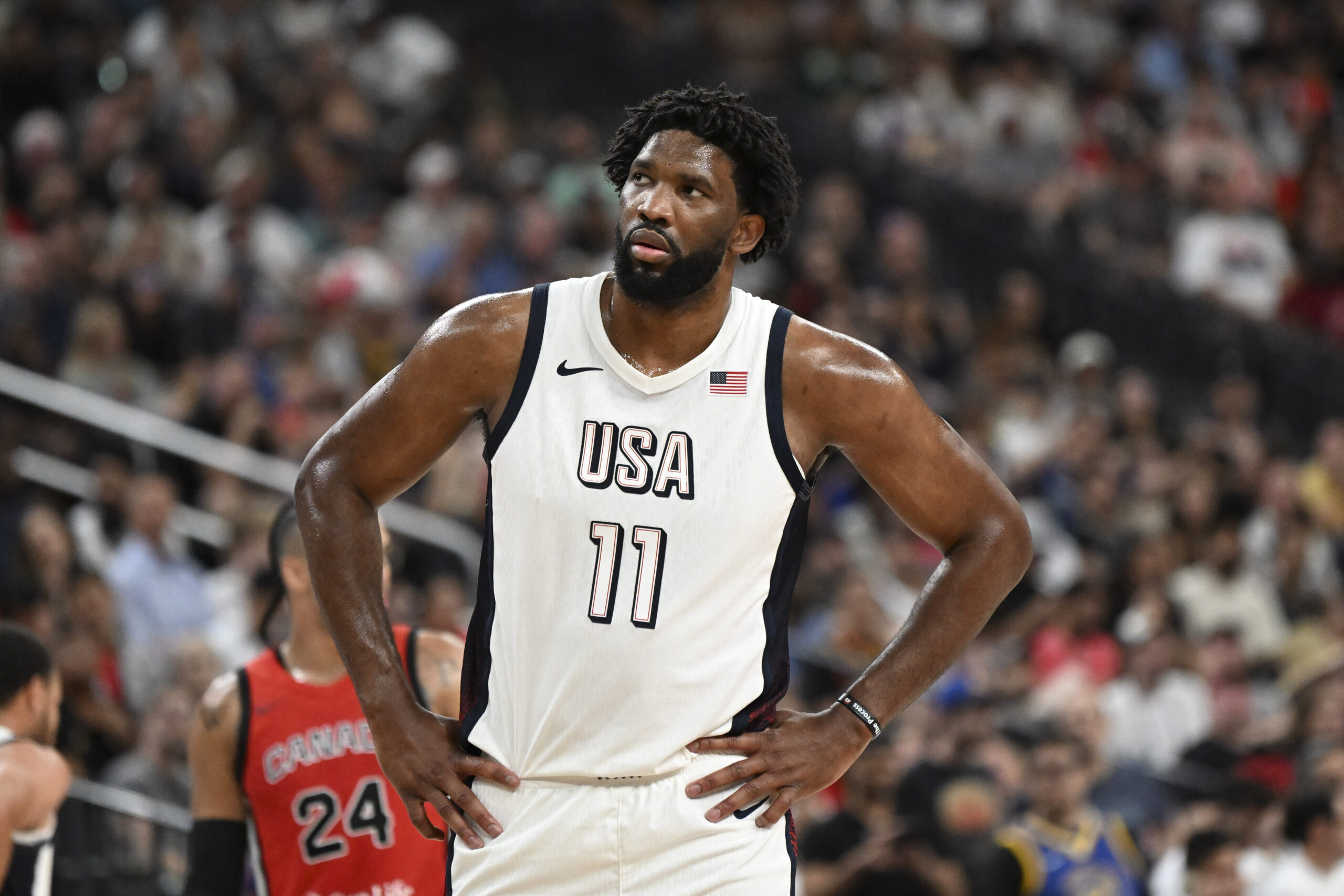 Jul 10, 2024; Las Vegas, Nevada, USA; USA forward Joel Embiid (11) looks on during the third quarter against Canada in the USA Basketball Showcase at T-Mobile Arena. Mandatory Credit: Candice Ward-USA TODAY Sports