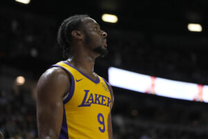 Jul 12, 2024; Las Vegas, NV, USA; Los Angeles Lakers guard Bronny James (9) looks on in the first half against the Houston Rockets at the Thomas & Mack Center. Mandatory Credit: Lucas Peltier-USA TODAY Sports