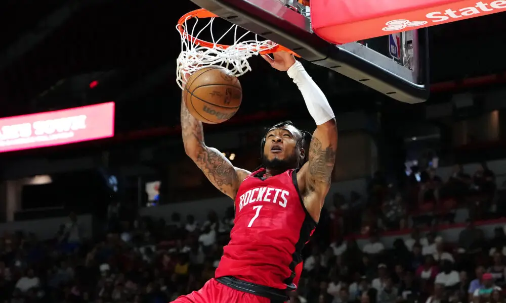 Jul 14, 2024; Las Vegas, NV, USA; Houston Rockets forward Cam Whitmore (7) dunks against the Washington Wizards during the fourth quarter at Thomas & Mack Center. Mandatory Credit: Stephen R. Sylvanie-USA TODAY Sports