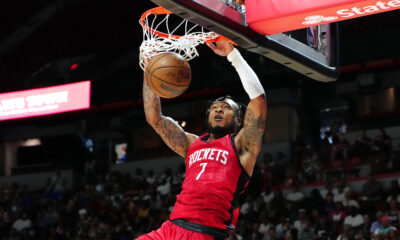 Jul 14, 2024; Las Vegas, NV, USA; Houston Rockets forward Cam Whitmore (7) dunks against the Washington Wizards during the fourth quarter at Thomas & Mack Center. Mandatory Credit: Stephen R. Sylvanie-USA TODAY Sports