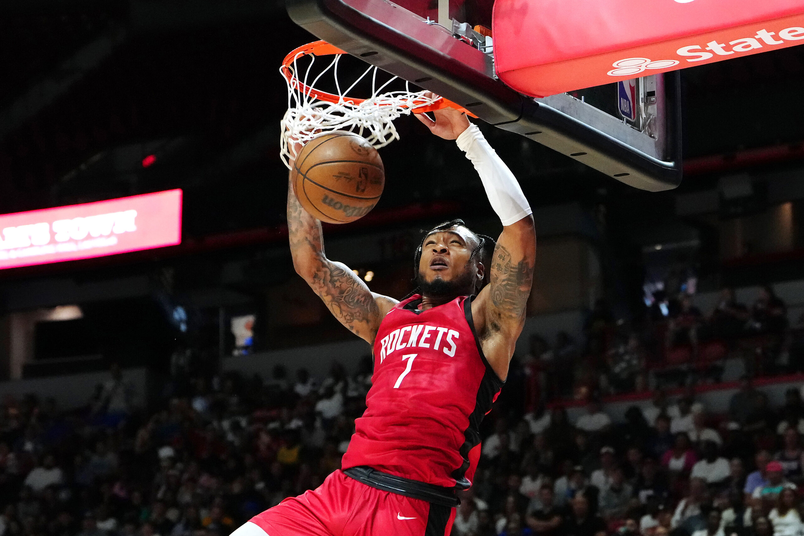 Jul 14, 2024; Las Vegas, NV, USA; Houston Rockets forward Cam Whitmore (7) dunks against the Washington Wizards during the fourth quarter at Thomas & Mack Center. Mandatory Credit: Stephen R. Sylvanie-USA TODAY Sports