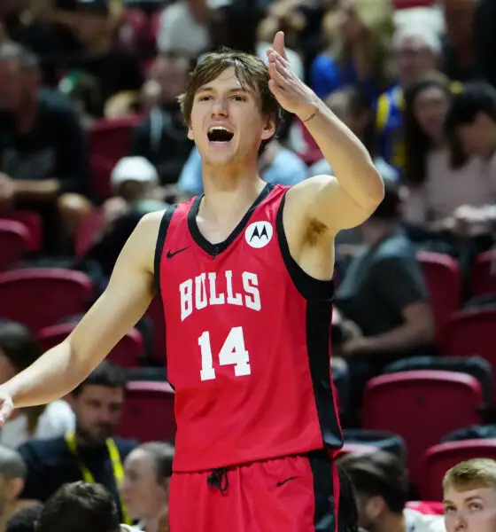 Jul 14, 2024; Las Vegas, NV, USA; Chicago Bulls forward Matas Buzelis (14) shouts at a teammate while playing against the Golden State Warriors during the first quarter at Thomas & Mack Center. Mandatory Credit: Stephen R. Sylvanie-USA TODAY Sports