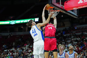 Jul 14, 2024; Las Vegas, NV, USA; Chicago Bulls forward Matas Buzelis (14) dunks against Golden State Warriors center Roman Sorkin (41) during the first quarter at Thomas & Mack Center. Mandatory Credit: Stephen R. Sylvanie-USA TODAY Sports