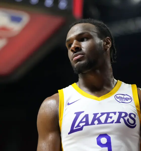 Jul 15, 2024; Las Vegas, NV, USA; Los Angeles Lakers guard Bronny James (9) competes against the Boston Celtics during the second half at Thomas & Mack Center. Mandatory Credit: Lucas Peltier-USA TODAY Sports