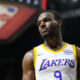 Jul 15, 2024; Las Vegas, NV, USA; Los Angeles Lakers guard Bronny James (9) competes against the Boston Celtics during the second half at Thomas & Mack Center. Mandatory Credit: Lucas Peltier-USA TODAY Sports