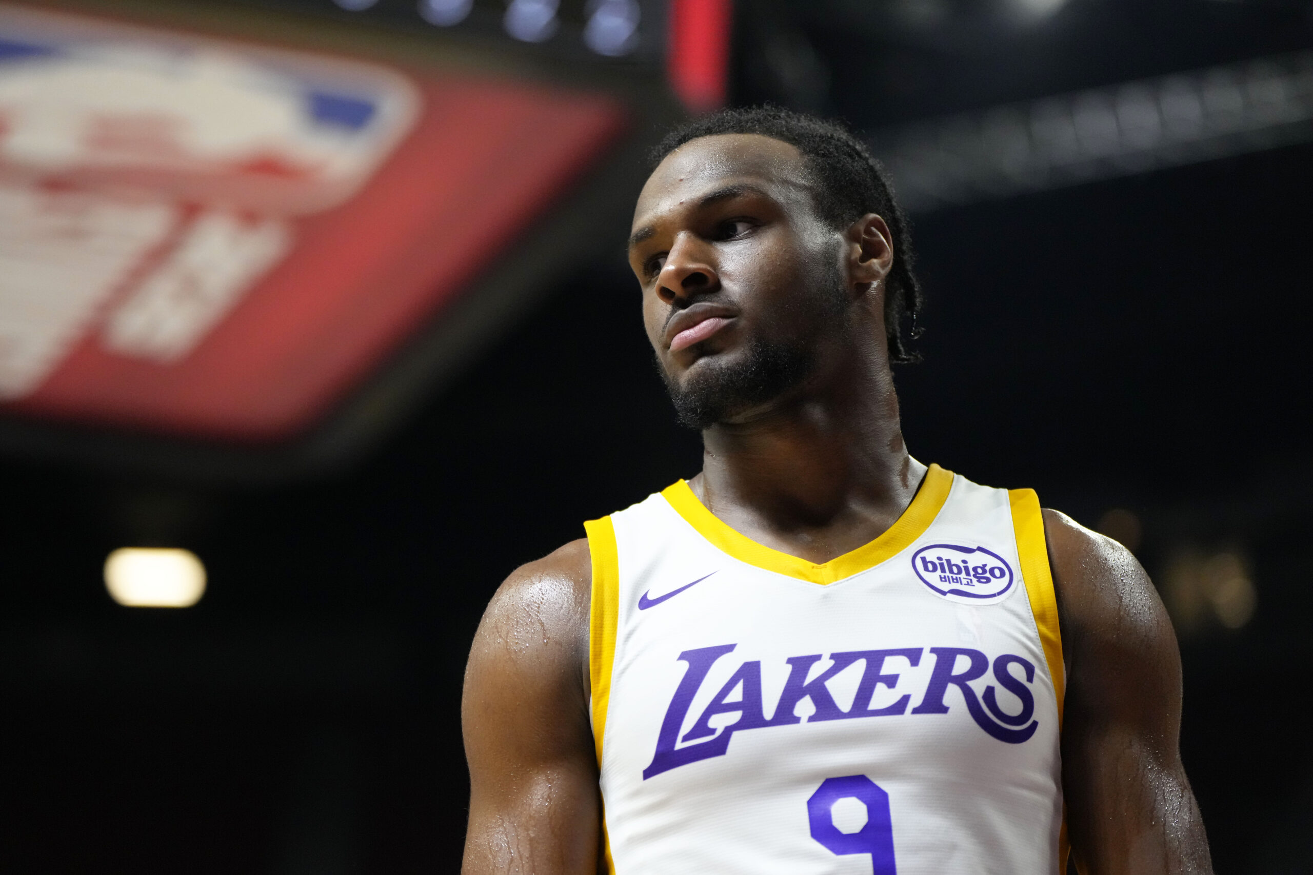 Jul 15, 2024; Las Vegas, NV, USA; Los Angeles Lakers guard Bronny James (9) competes against the Boston Celtics during the second half at Thomas & Mack Center. Mandatory Credit: Lucas Peltier-USA TODAY Sports