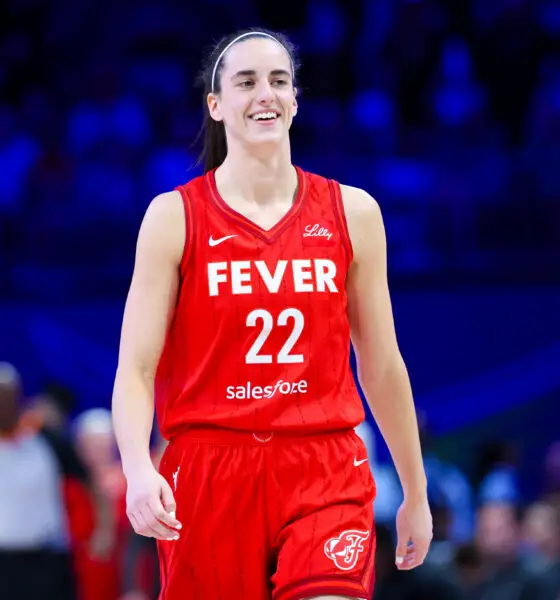 Jul 17, 2024; Arlington, Texas, USA; Indiana Fever guard Caitlin Clark (22) reacts during the first half against the Dallas Wings at College Park Center. Mandatory Credit: Kevin Jairaj-USA TODAY Sports