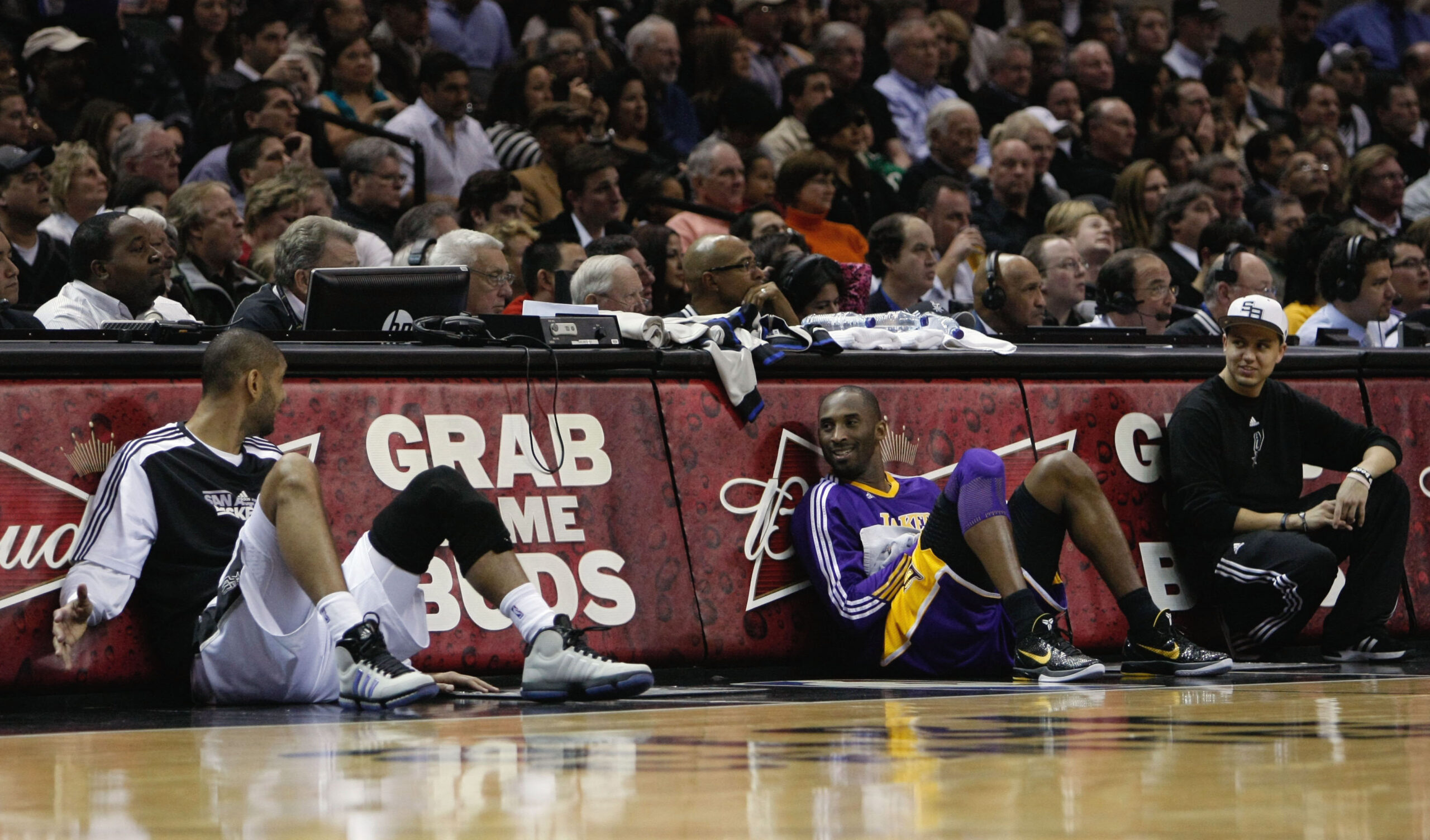 Dec 28, 2010; San Antonio, TX, USA; San Antonio Spurs forward Tim Duncan (left) talks with Los Angeles Lakers guard Kobe Bryant (right) during the first half at the AT&T Center. Mandatory Credit: Soobum Im-USA TODAY Sports