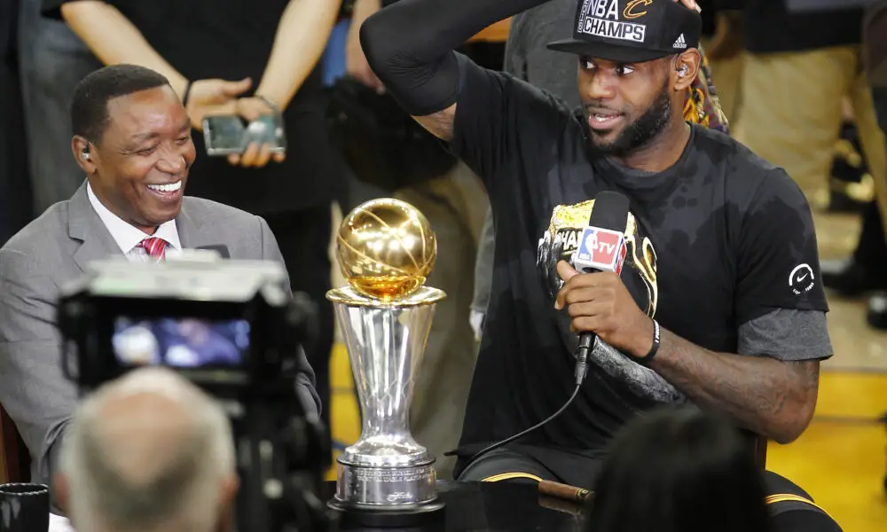 June 19, 2016; Oakland, CA, USA; Cleveland Cavaliers forward LeBron James (23) is interviewed by NBA TV analyst Isiah Thomas following the 93-89 victory against the Golden State Warriors in game seven of the NBA Finals at Oracle Arena. Mandatory Credit: Cary Edmondson-USA TODAY Sports