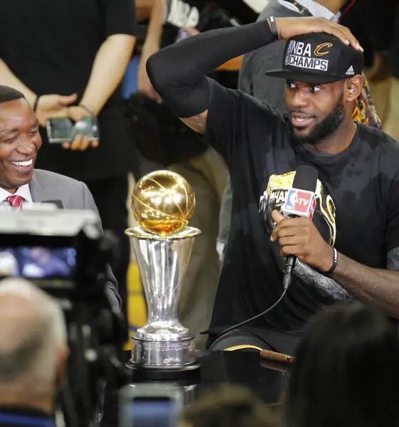 June 19, 2016; Oakland, CA, USA; Cleveland Cavaliers forward LeBron James (23) is interviewed by NBA TV analyst Isiah Thomas following the 93-89 victory against the Golden State Warriors in game seven of the NBA Finals at Oracle Arena. Mandatory Credit: Cary Edmondson-USA TODAY Sports