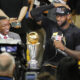 June 19, 2016; Oakland, CA, USA; Cleveland Cavaliers forward LeBron James (23) is interviewed by NBA TV analyst Isiah Thomas following the 93-89 victory against the Golden State Warriors in game seven of the NBA Finals at Oracle Arena. Mandatory Credit: Cary Edmondson-USA TODAY Sports