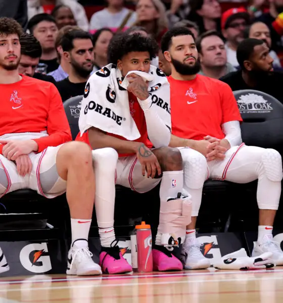 Dec 27, 2023; Houston, Texas, USA; (from L-to-R) Houston Rockets center Alperen Sengun (28), Houston Rockets guard Jalen Green (4) and Houston Rockets guard Fred VanVleet (5) sit on the bench during the fourth quarter against the Phoenix Suns at Toyota Center. Mandatory Credit: Erik Williams-USA TODAY Sports