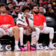 Dec 27, 2023; Houston, Texas, USA; (from L-to-R) Houston Rockets center Alperen Sengun (28), Houston Rockets guard Jalen Green (4) and Houston Rockets guard Fred VanVleet (5) sit on the bench during the fourth quarter against the Phoenix Suns at Toyota Center. Mandatory Credit: Erik Williams-USA TODAY Sports